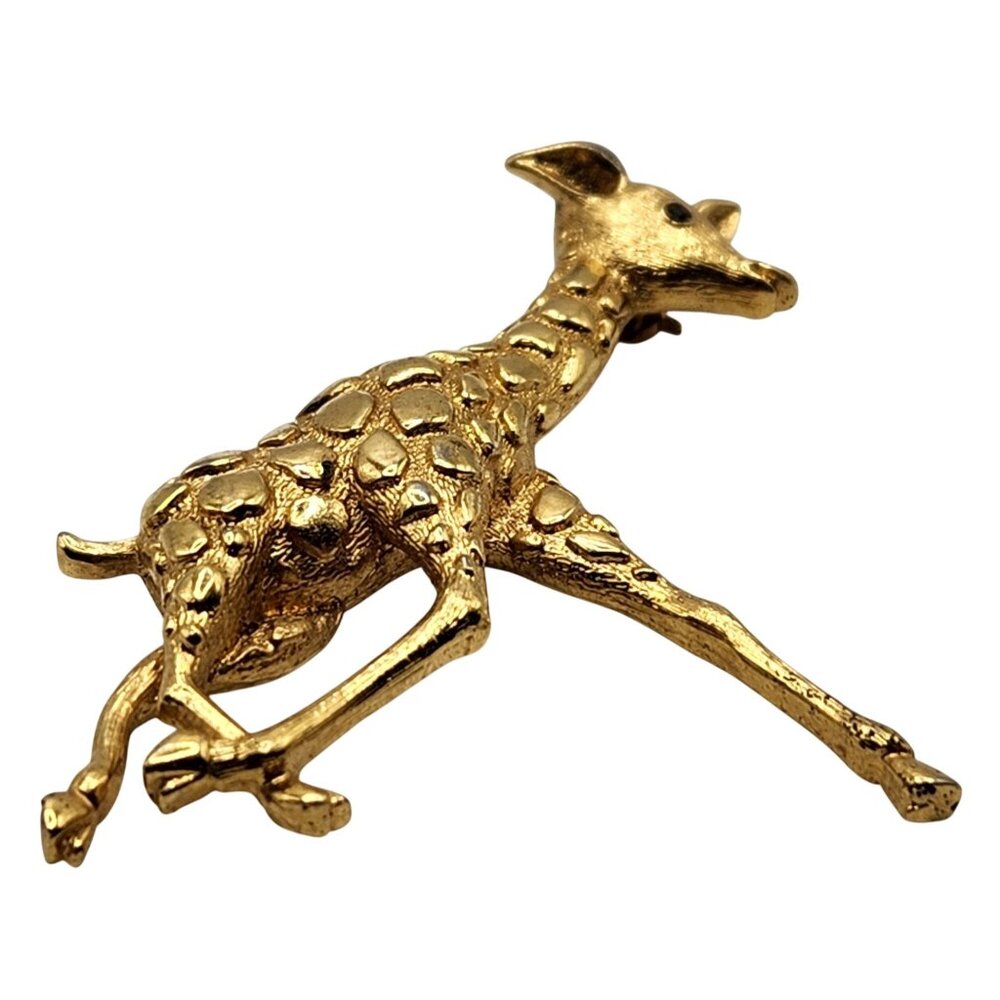 Vtg Monet Baby Giraffe Brooch Gold Tone Textured Running Figural Pin Rhinestone - Picture 2 of 6